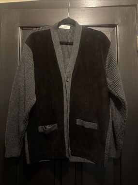 Marks & Spencer Black Suede-Front Cardigan with Gray Knit Sleeves